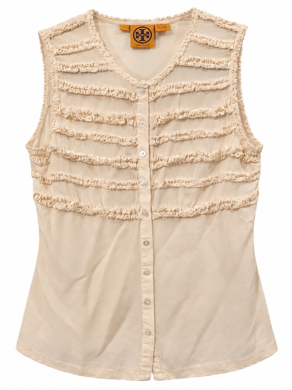 Tory Burch Silk Sleeveless Cream Button Front Blouse with Ruffle Embellishment 2